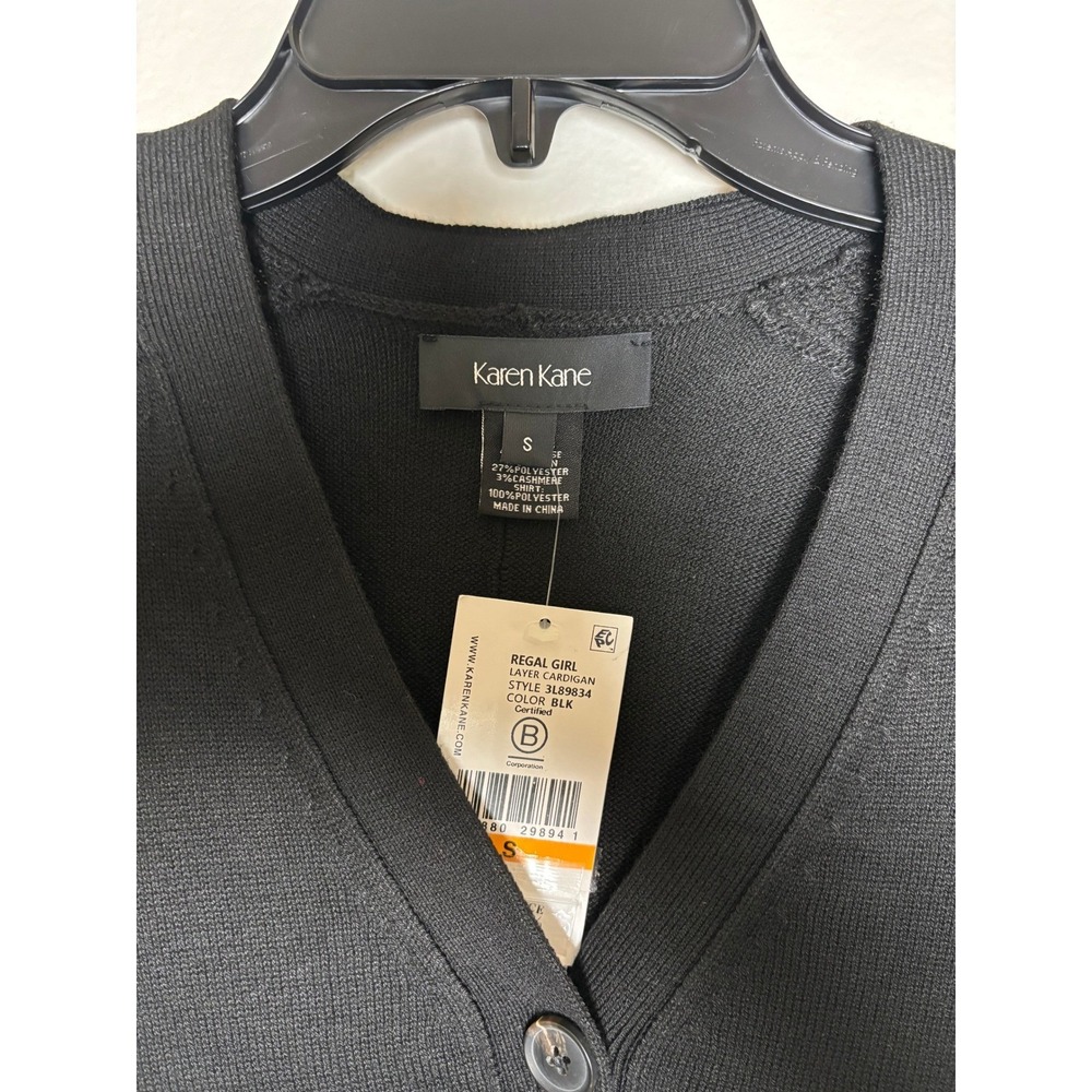 NWT Karen Kane Sweater Cardigan Cashmere Blend Black w/ White Shirt Hem Small - Picture 3 of 5